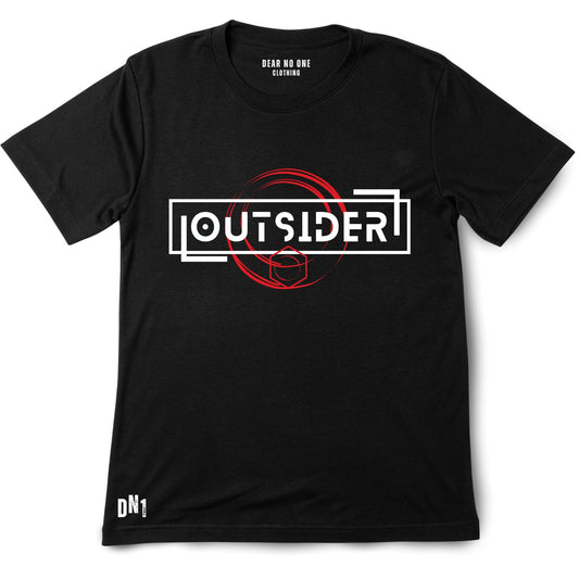 front of outsider tee with OUTSIDER graphic surrounded by white and red geometric shapes, Unisex black graphic tee, black graphic t shirt, t shirt, tee, black shirt for men, black shirt for women, non binary 