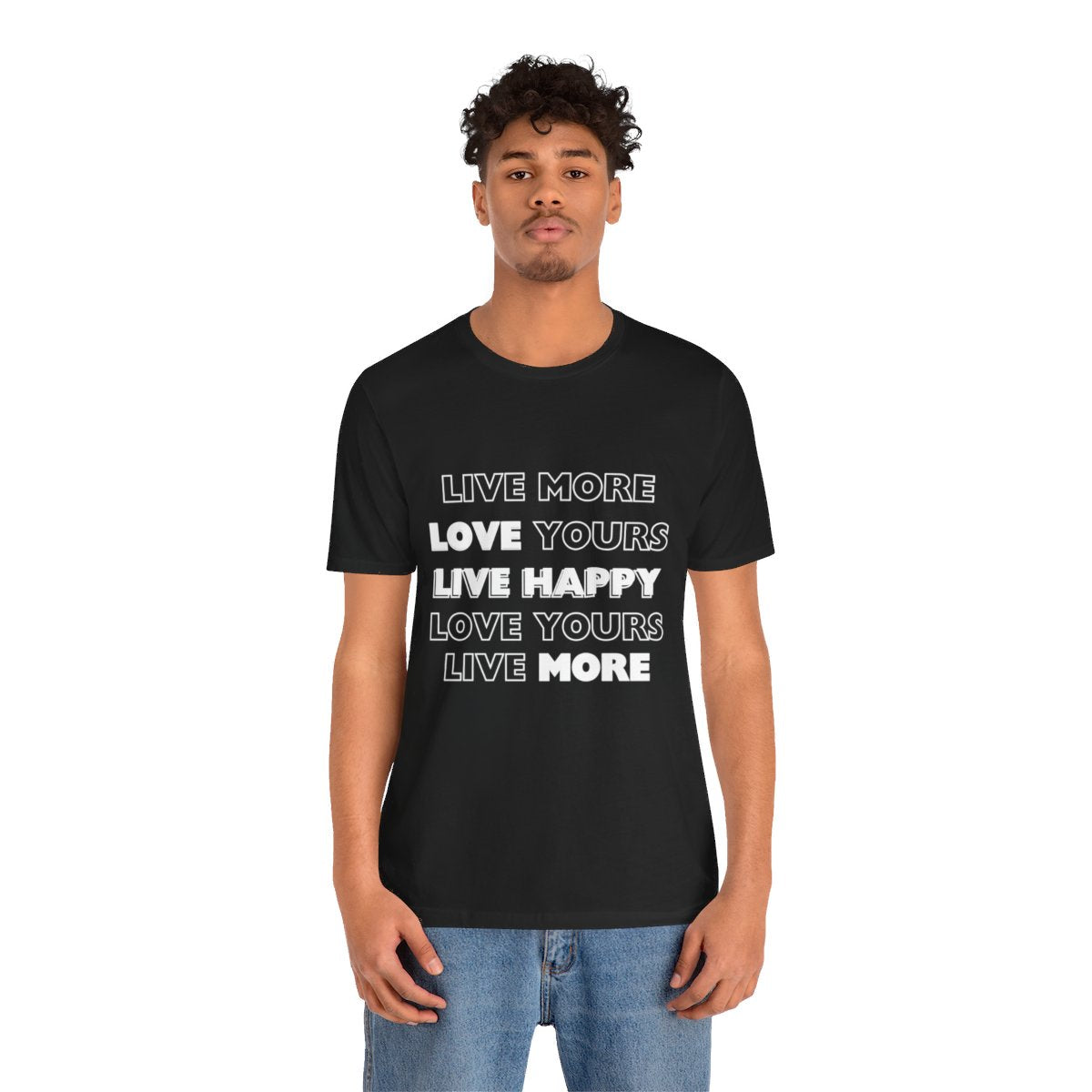 black man in an army green 100% cotton Dear No One Clothing shirt saying Live More, Love Yours, Live Happy in white lettering