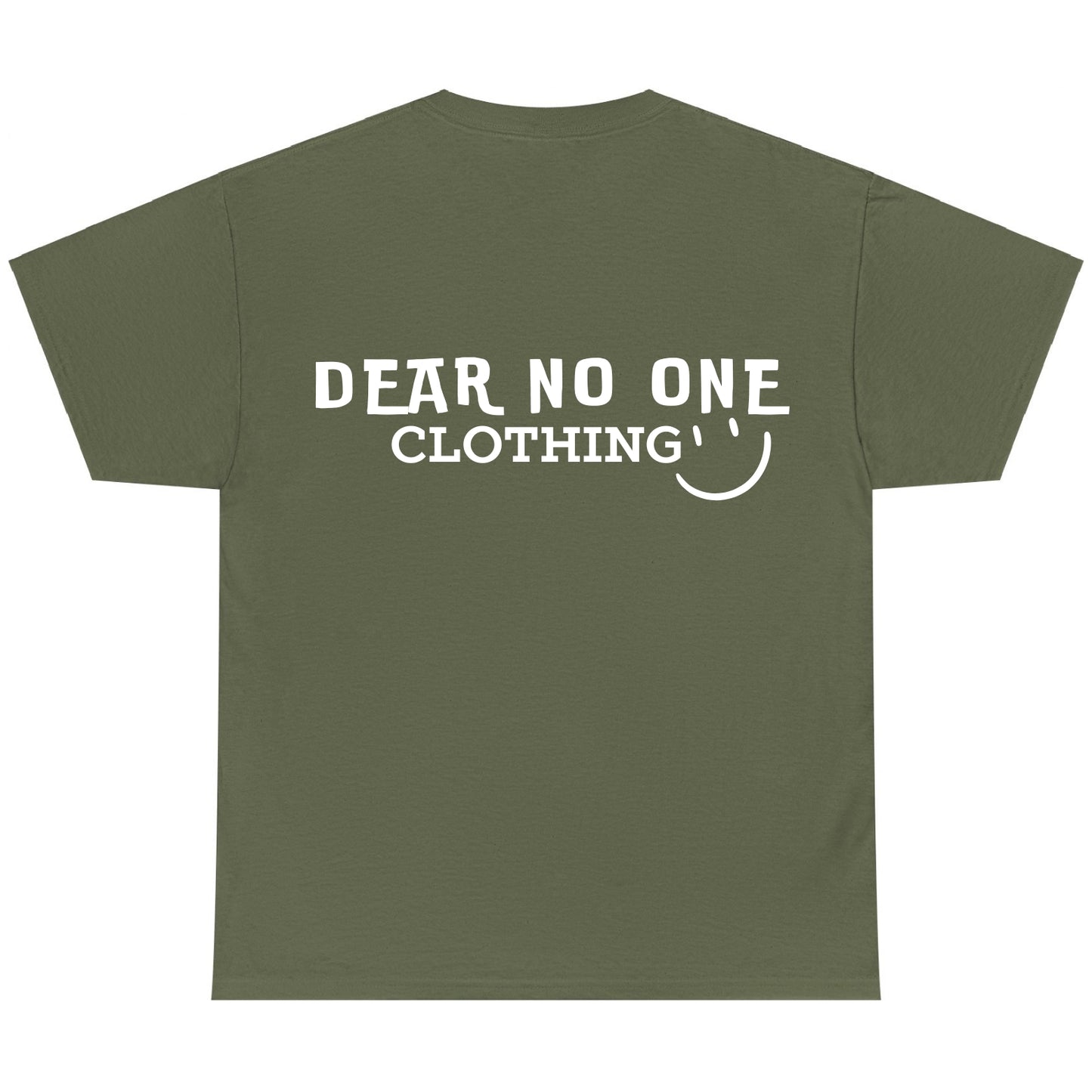 the back of an army green 100% cotton Dear No One Clothing shirt displaying the Dear No One Clothing logo with a smile in white.