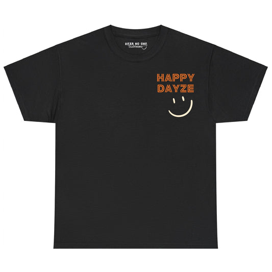 black 100% cotton Dear Happy Dayze tee in white lettering, with smiley face, Here for the memories