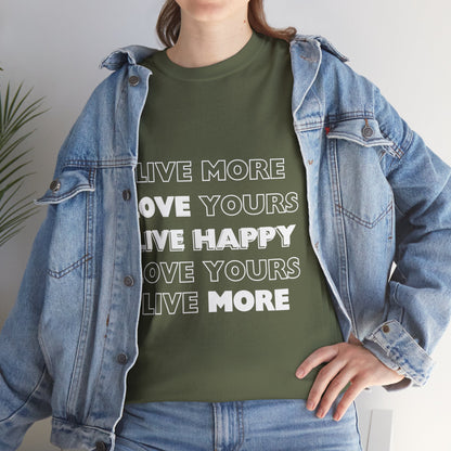 white woman wearing blue jeans jacket and blue jeans pants. Also, an army green 100% cotton Dear No One Clothing shirt saying live more, love yours, live happy in white lettering.