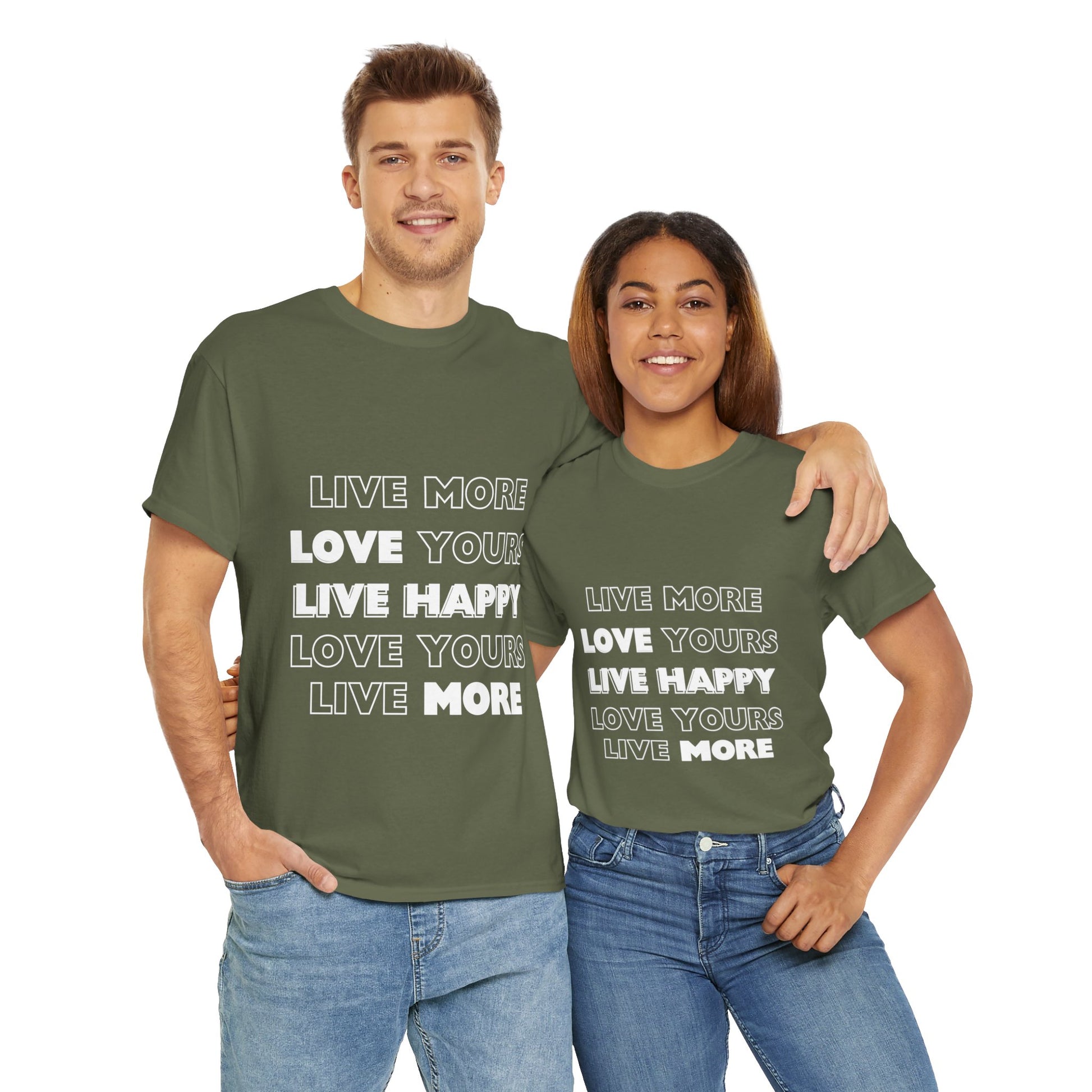 white man and black woman wearing army green 100% cotton Dear No One Clothing shirts saying live more, love yours, live happy in white lettering.